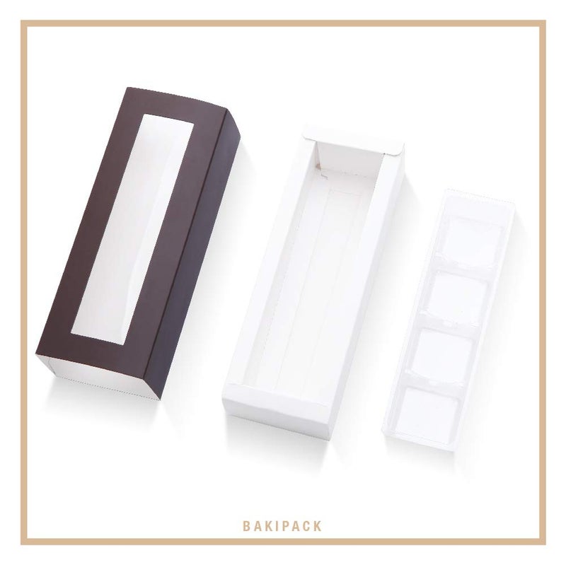 BAKIPACK 20 Truffle Boxes, Chocolate Boxes, Candy Boxes Packaging with 4-Piece Plastics Tray (Tray Size with 5.75x1.25 Inches), Pull Out Packing with Clear Window Sleeves, Dark Brown - Image 5